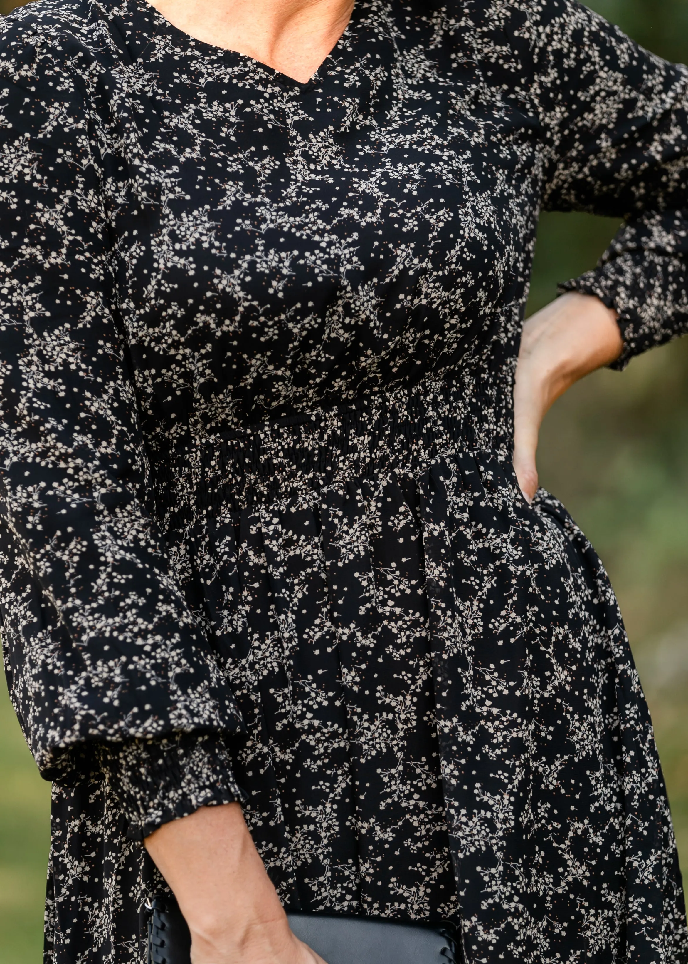 V-neck Black Printed Chiffon Dress