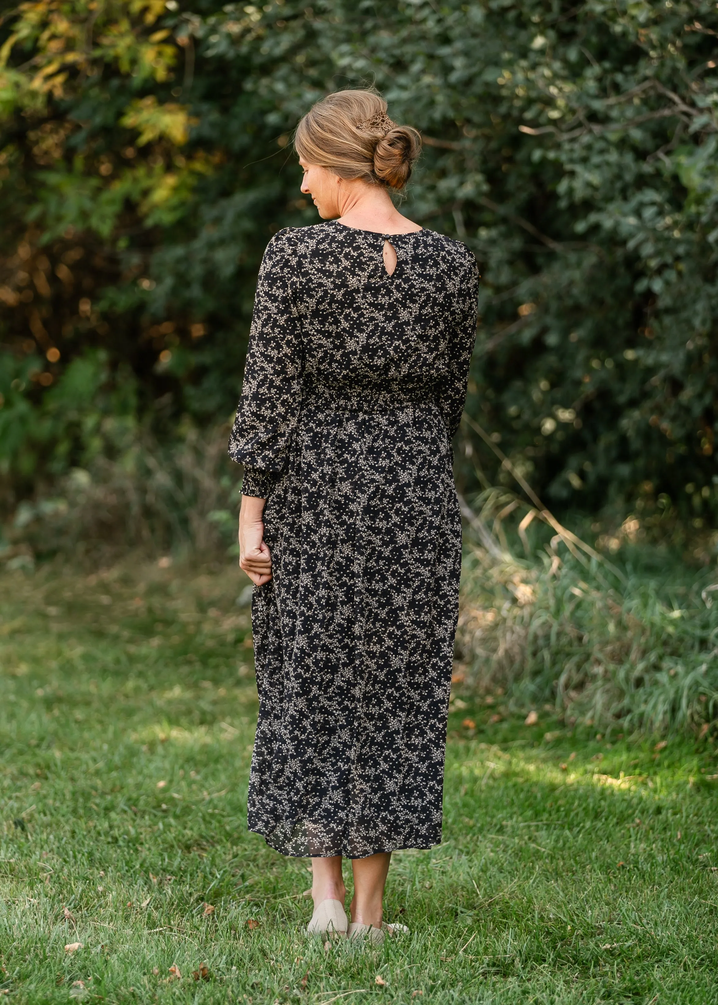 V-neck Black Printed Chiffon Dress