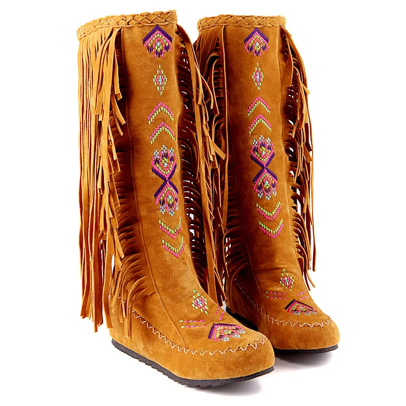 Vintage Knee High Embroidered Fringe Boots for Women