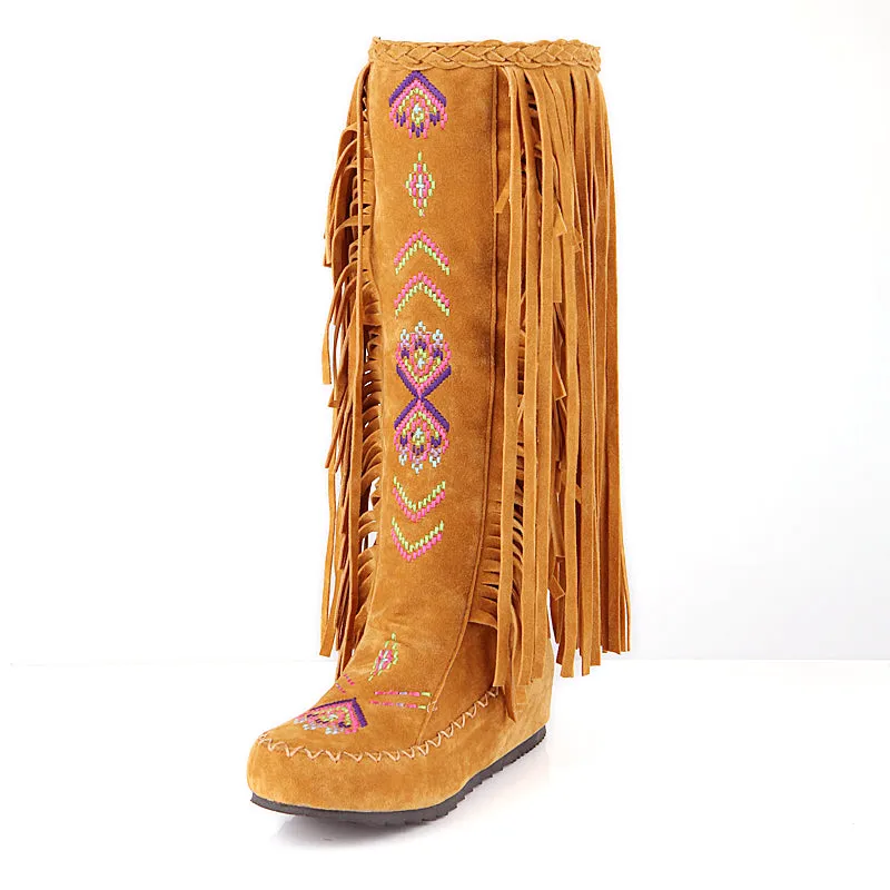 Vintage Knee High Embroidered Fringe Boots for Women