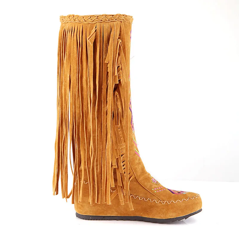 Vintage Knee High Embroidered Fringe Boots for Women