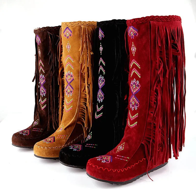 Vintage Knee High Embroidered Fringe Boots for Women