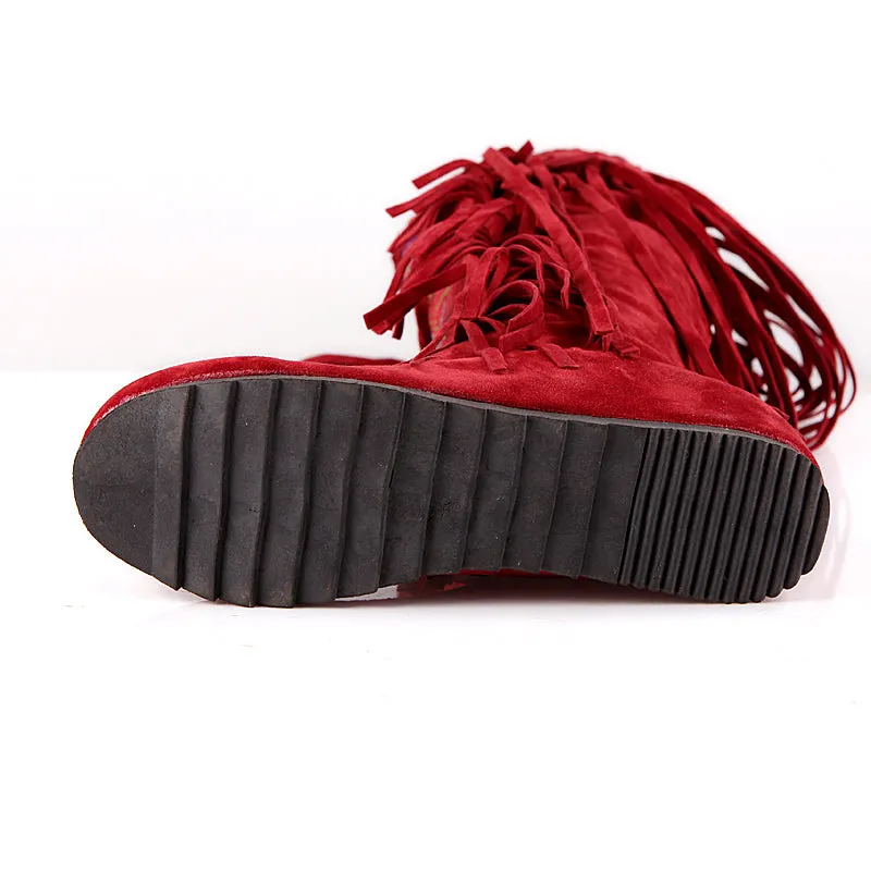 Vintage Knee High Embroidered Fringe Boots for Women