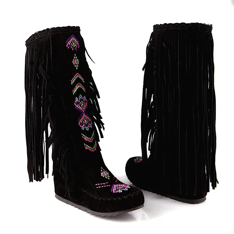 Vintage Knee High Embroidered Fringe Boots for Women