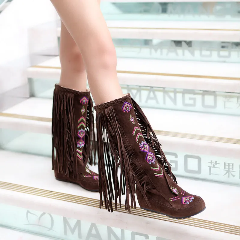 Vintage Knee High Embroidered Fringe Boots for Women