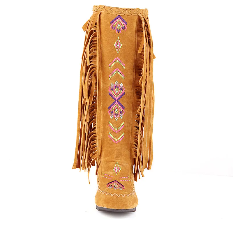 Vintage Knee High Embroidered Fringe Boots for Women
