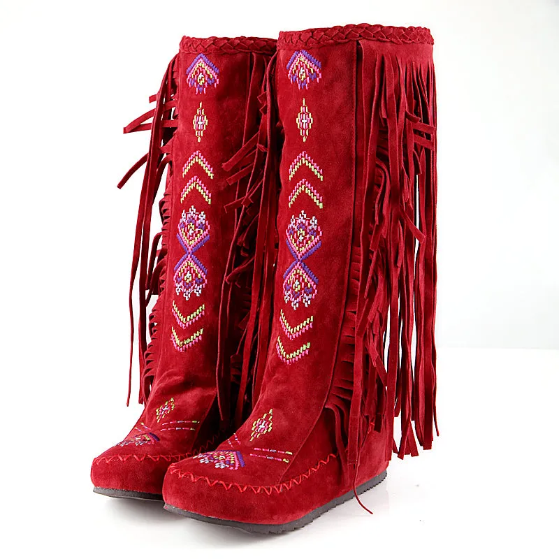 Vintage Knee High Embroidered Fringe Boots for Women