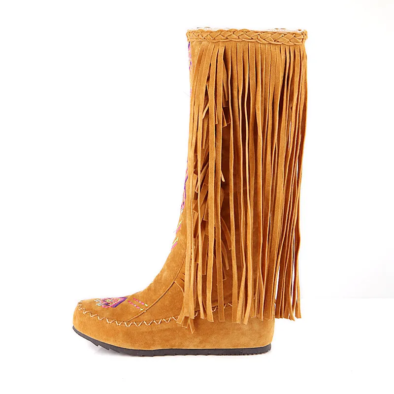 Vintage Knee High Embroidered Fringe Boots for Women