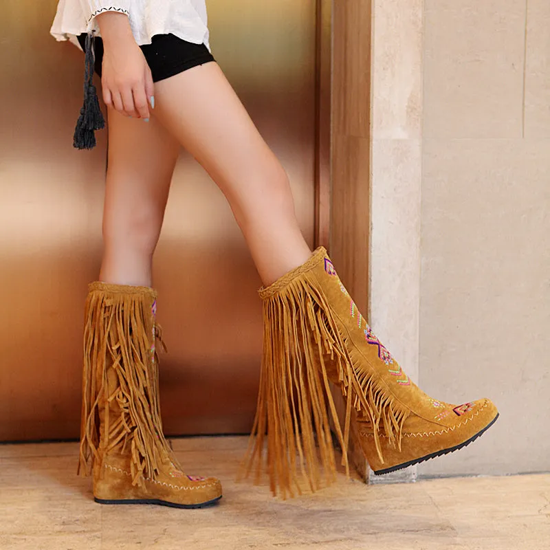 Vintage Knee High Embroidered Fringe Boots for Women