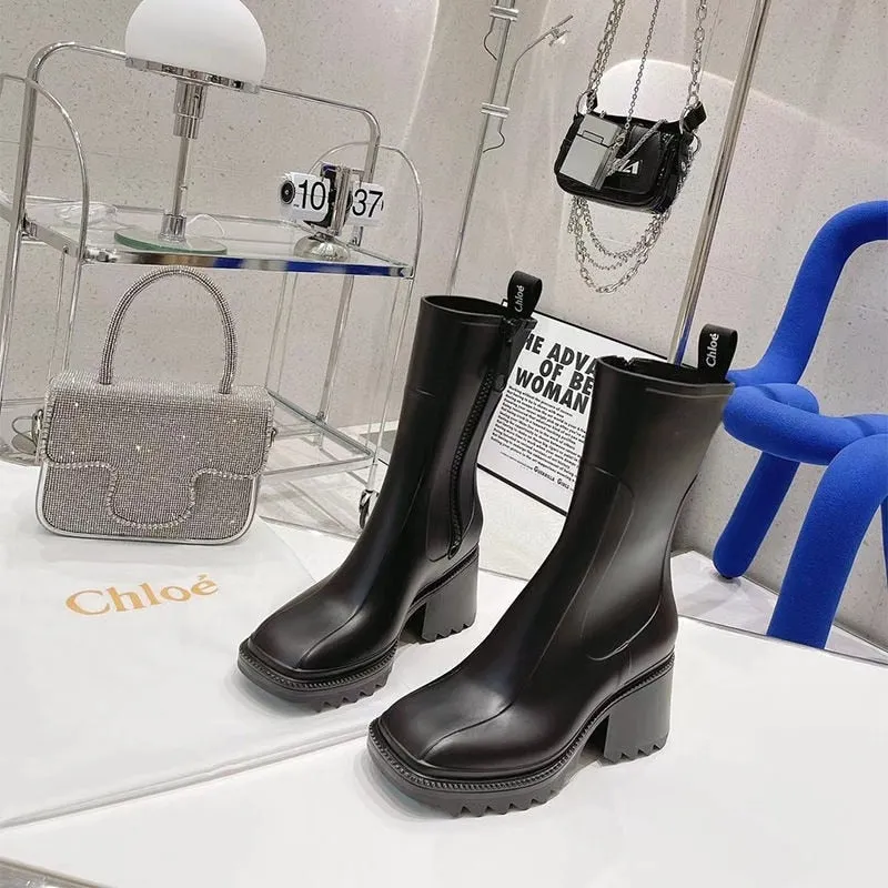 Wenkouban 2023 New Square Toe Rain Boots For Women Chunky Heel Thick Sole Ankle Boots Designer Chelsea Boots Ladies Rubber Boot Rain Shoes