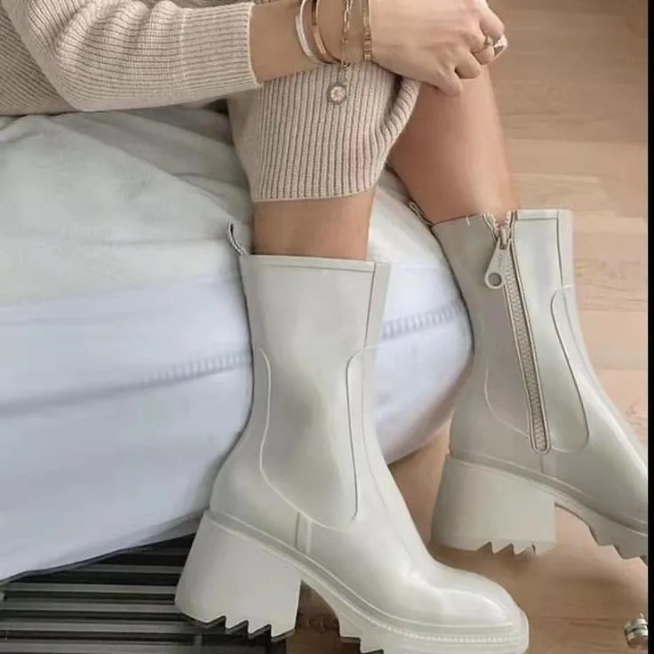 Wenkouban 2023 New Square Toe Rain Boots For Women Chunky Heel Thick Sole Ankle Boots Designer Chelsea Boots Ladies Rubber Boot Rain Shoes