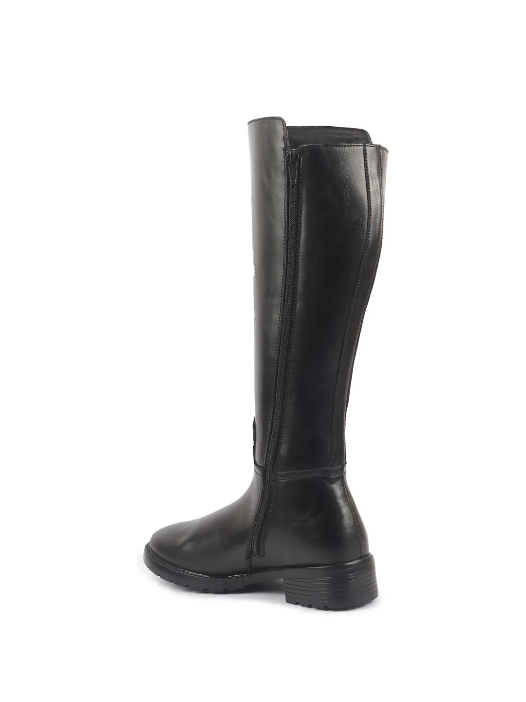 Women Black Knee Length Side Zipper Closure Pointed Toe Flared Heel Boots|Outdoor Winter High Long Boots|Anti Skid Sole