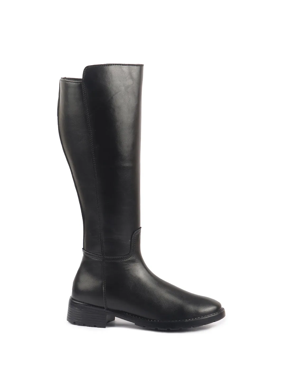 Women Black Knee Length Side Zipper Closure Pointed Toe Flared Heel Boots|Outdoor Winter High Long Boots|Anti Skid Sole