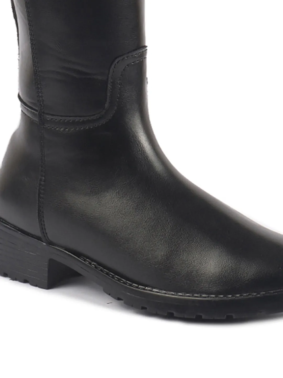 Women Black Knee Length Side Zipper Closure Pointed Toe Flared Heel Boots|Outdoor Winter High Long Boots|Anti Skid Sole