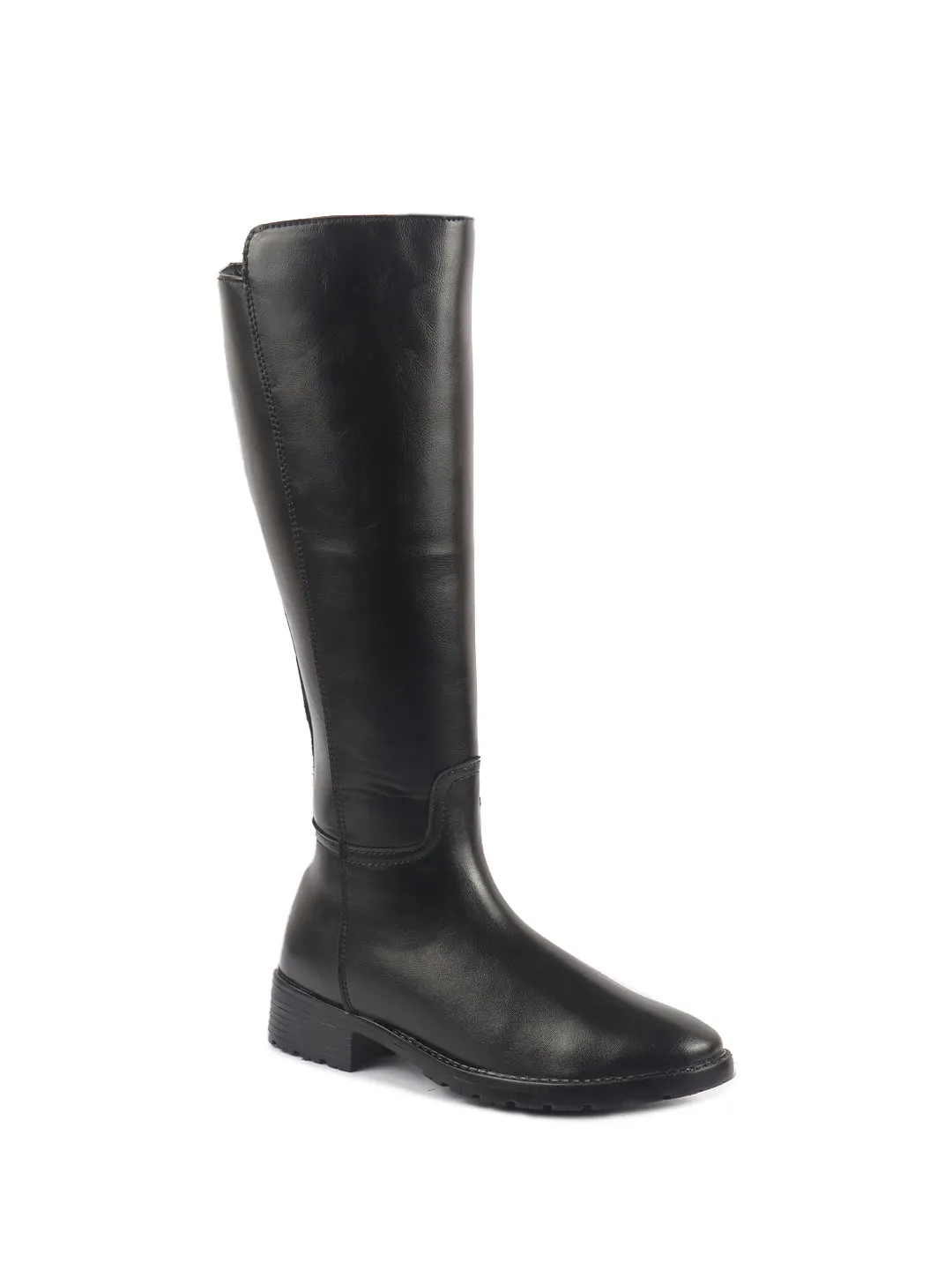 Women Black Knee Length Side Zipper Closure Pointed Toe Flared Heel Boots|Outdoor Winter High Long Boots|Anti Skid Sole