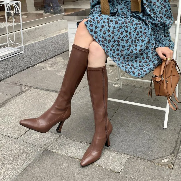 Women Boots Square Heel Patent Leather Pointed Toe Knee High Boots Winter Boot Side