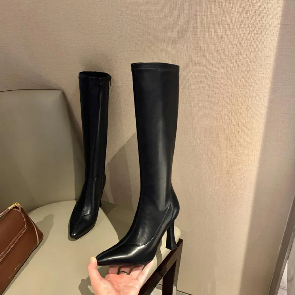 Women Boots Square Heel Patent Leather Pointed Toe Knee High Boots Winter Boot Side