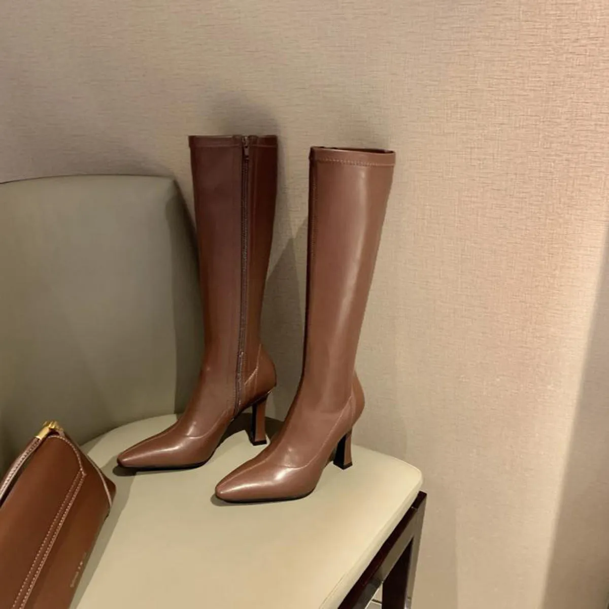 Women Boots Square Heel Patent Leather Pointed Toe Knee High Boots Winter Boot Side