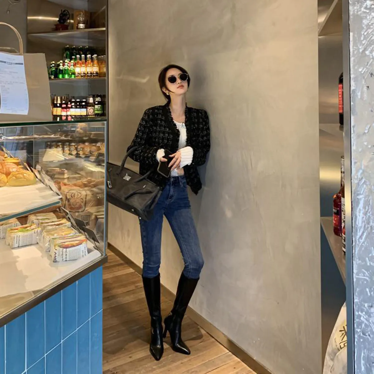 Women Boots Square Heel Patent Leather Pointed Toe Knee High Boots Winter Boot Side