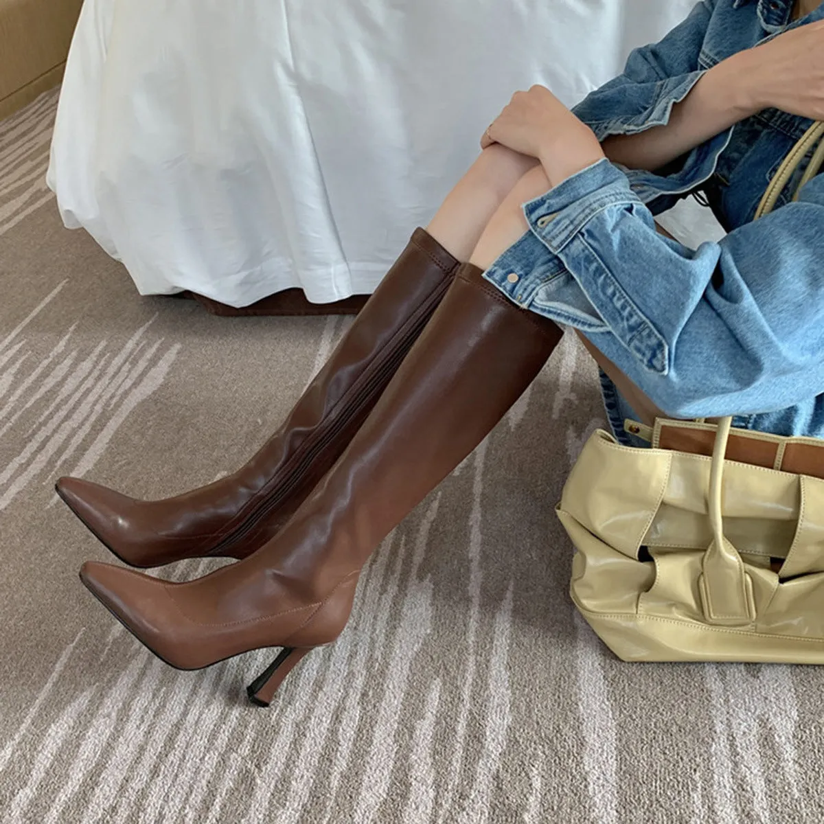 Women Boots Square Heel Patent Leather Pointed Toe Knee High Boots Winter Boot Side