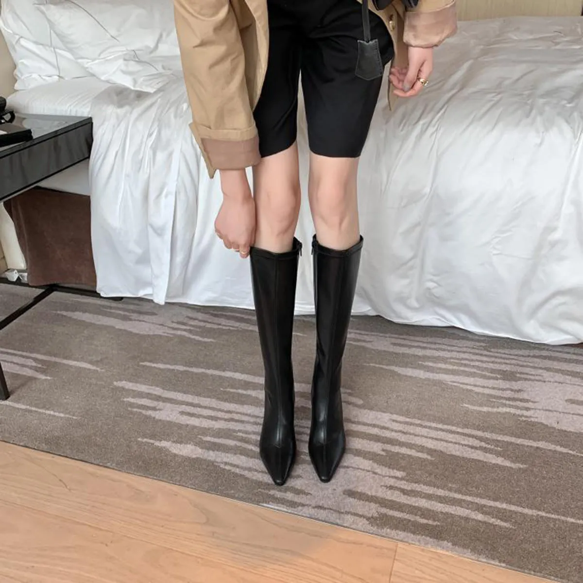 Women Boots Square Heel Patent Leather Pointed Toe Knee High Boots Winter Boot Side