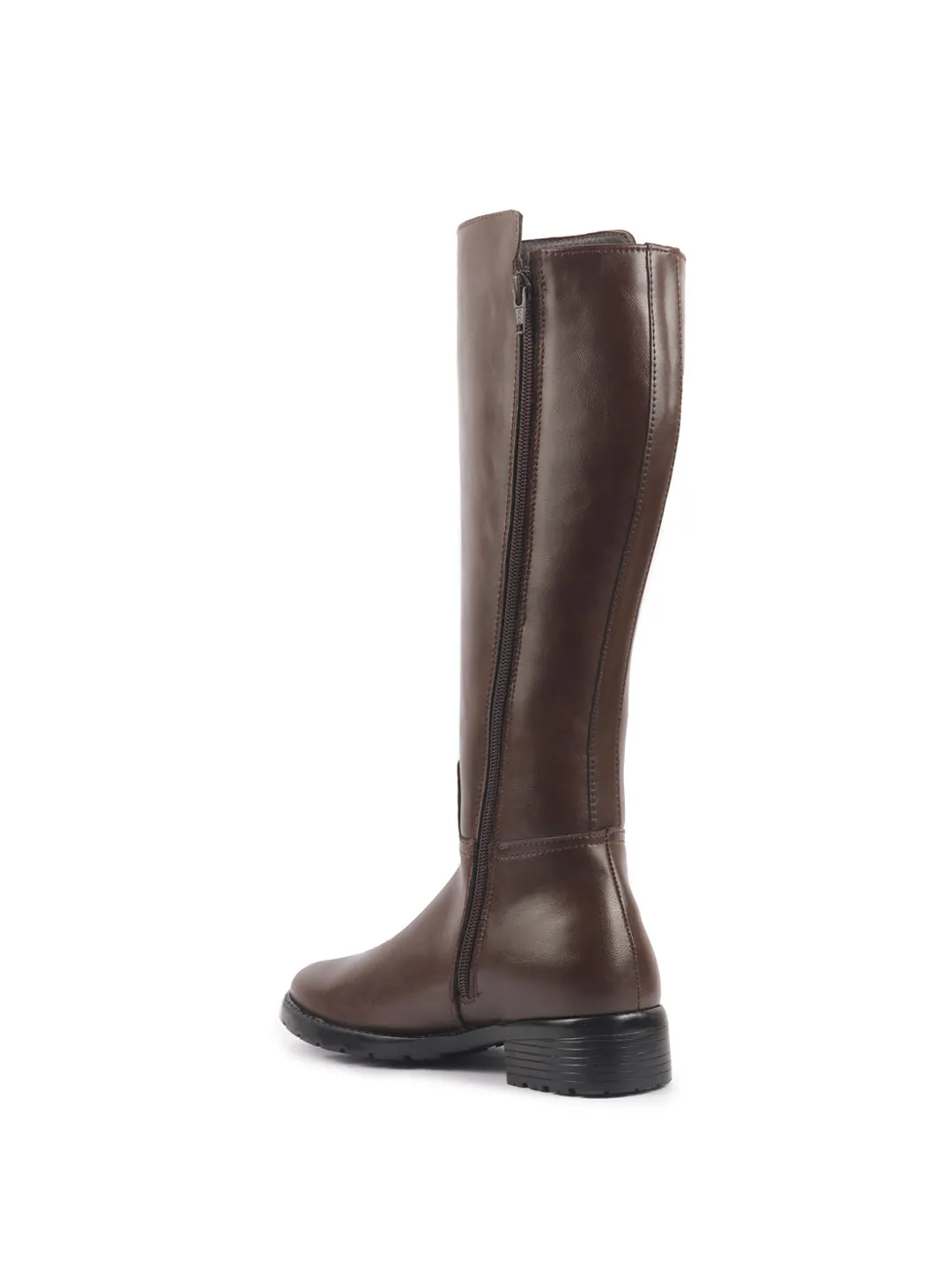 Women Brown Knee Length Side Zipper Closure Pointed Toe Flared Heel Boots|Outdoor Winter High Long Boots|Anti Skid Sole
