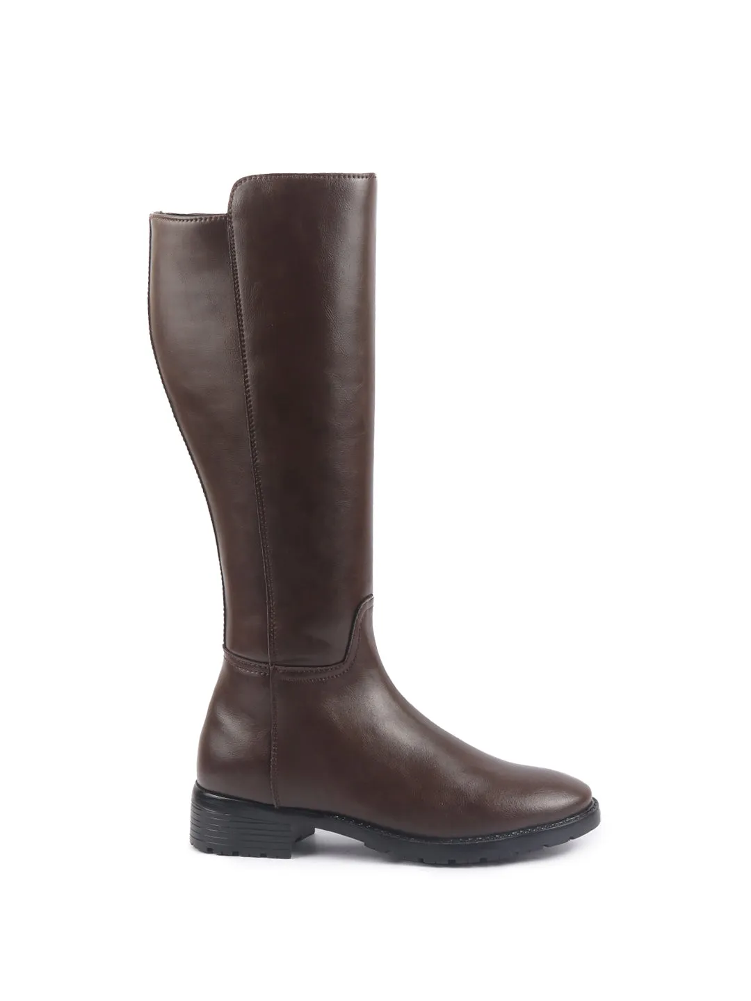 Women Brown Knee Length Side Zipper Closure Pointed Toe Flared Heel Boots|Outdoor Winter High Long Boots|Anti Skid Sole