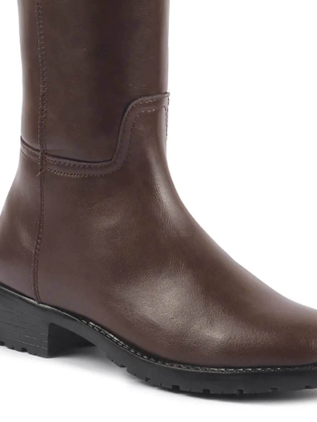 Women Brown Knee Length Side Zipper Closure Pointed Toe Flared Heel Boots|Outdoor Winter High Long Boots|Anti Skid Sole