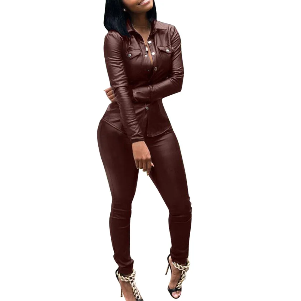 Women's 2 Piece Faux Leather Autumn Winter Suit Set