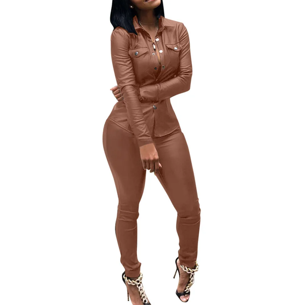 Women's 2 Piece Faux Leather Autumn Winter Suit Set