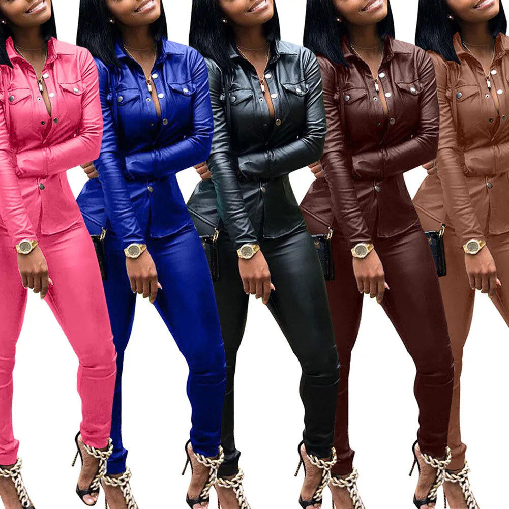 Women's 2 Piece Faux Leather Autumn Winter Suit Set