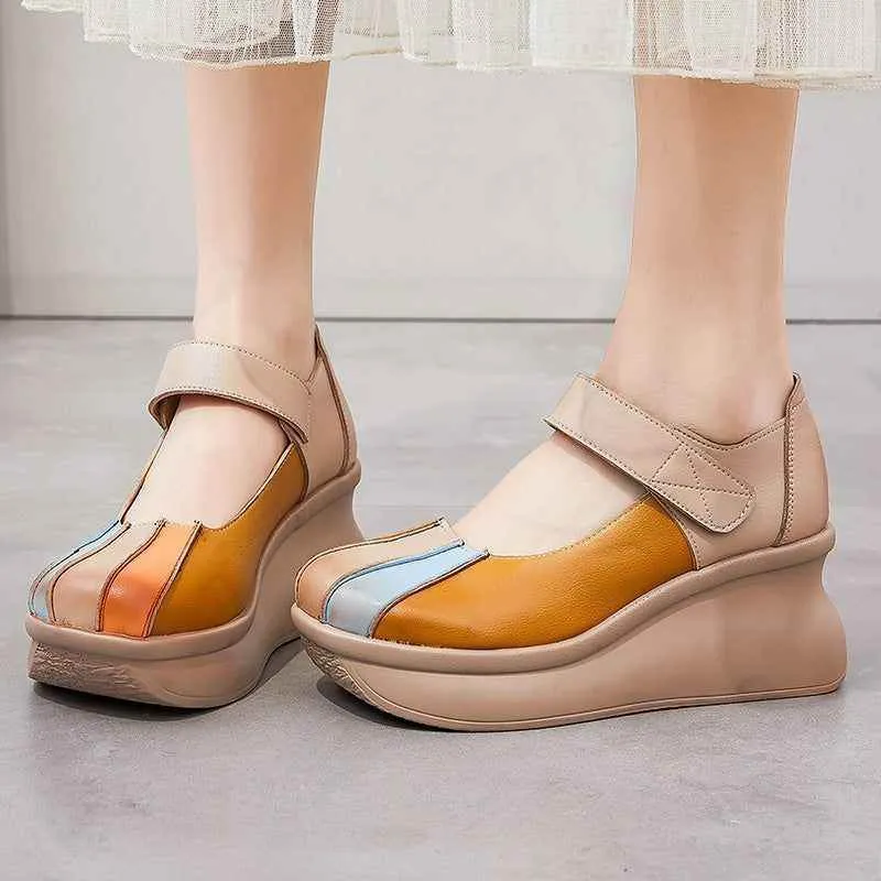 Women's Casual Shoes GRCL0420 Leather Thick Wedges Heels