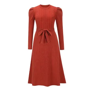 Women's Elegant Cable Knit Winter Dress Crewneck Slim Fit Pullover with Belt in Red