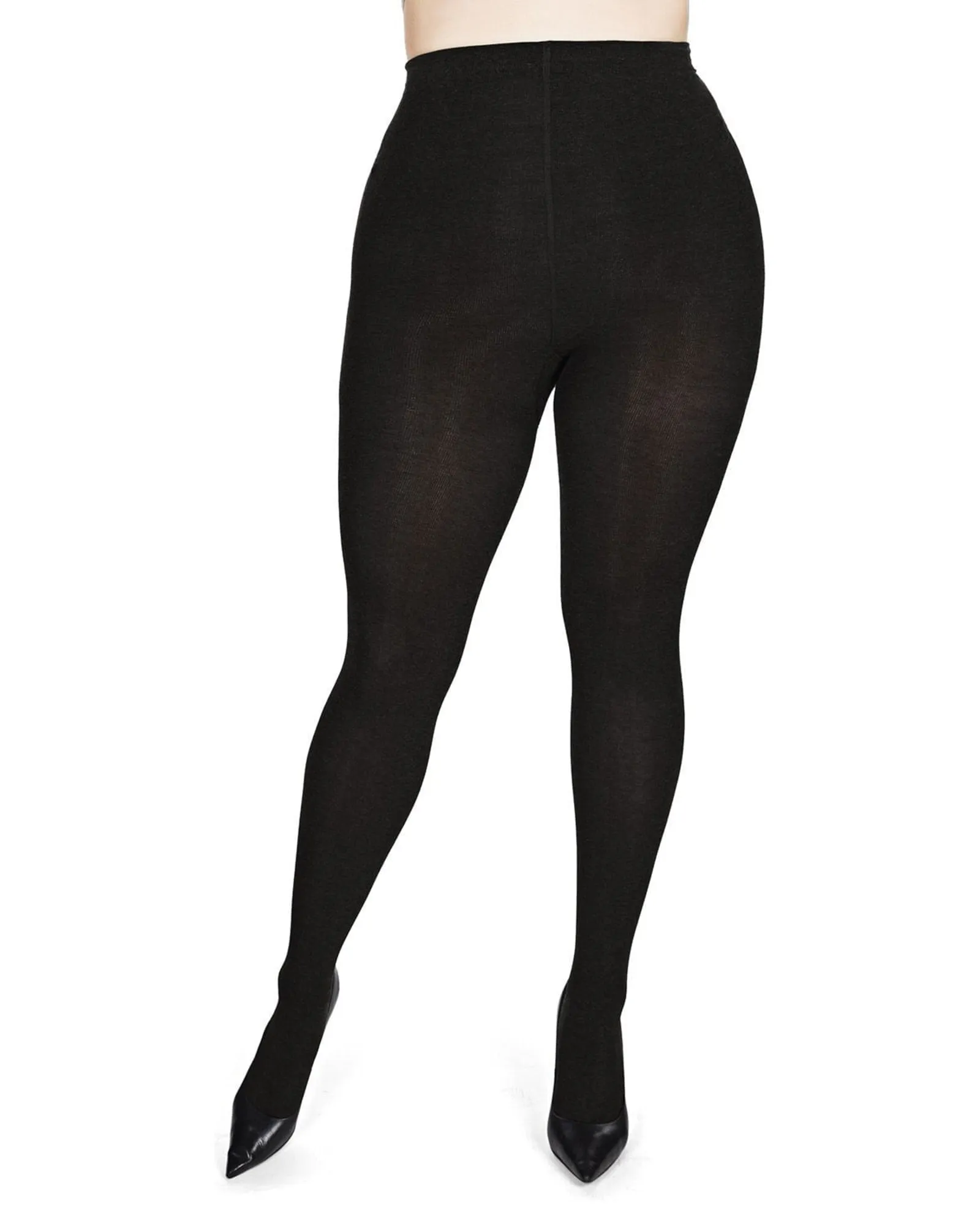 Women's Queen Size Extra Wide Basic Nylon Ribbed Tights | Black