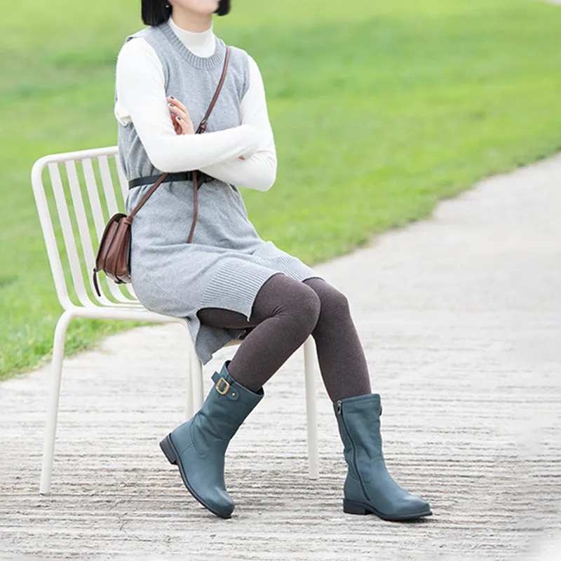 Womens Retro Leather Mid Calf Boots with Short Plush Lining for Cold Winter Black/Blue