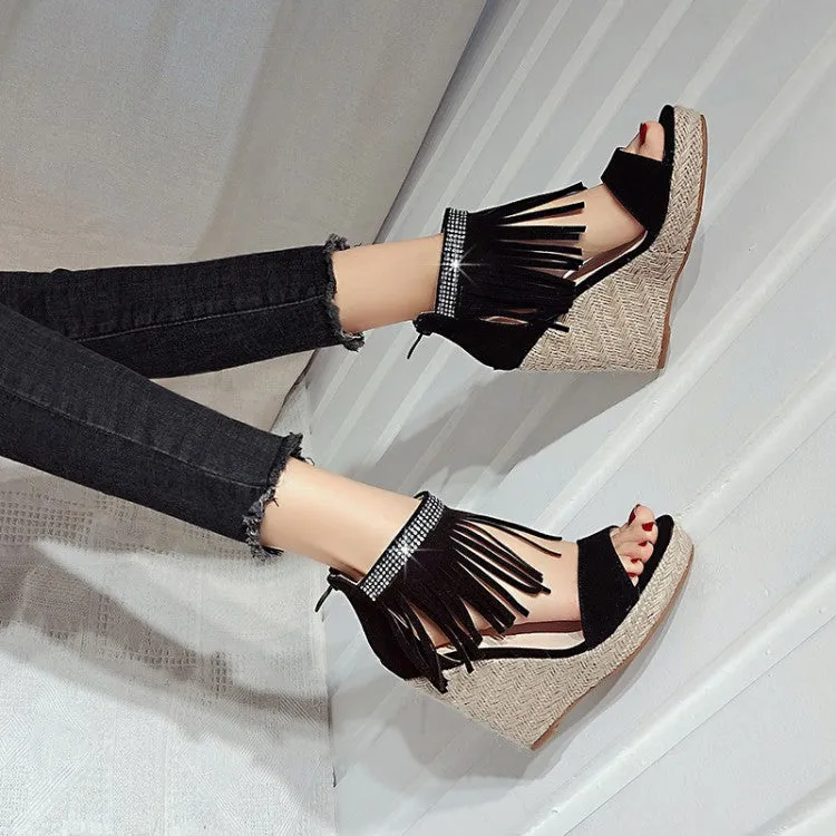 Women's Rhinestone Ankle Strap Tassel Woven Wedge Heel Platform Sandals