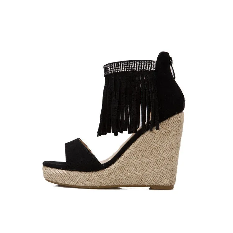 Women's Rhinestone Ankle Strap Tassel Woven Wedge Heel Platform Sandals