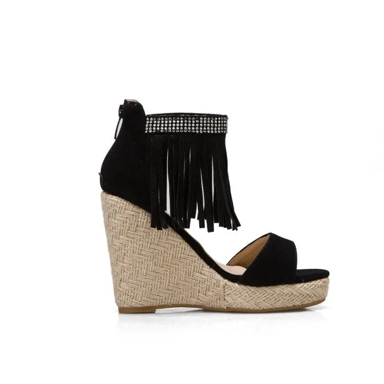 Women's Rhinestone Ankle Strap Tassel Woven Wedge Heel Platform Sandals
