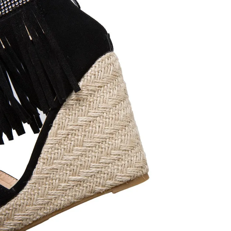 Women's Rhinestone Ankle Strap Tassel Woven Wedge Heel Platform Sandals