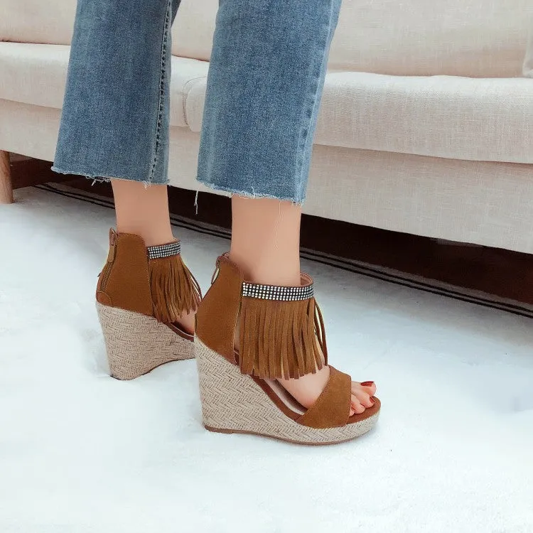 Women's Rhinestone Ankle Strap Tassel Woven Wedge Heel Platform Sandals