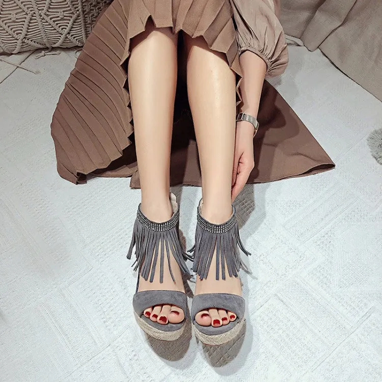 Women's Rhinestone Ankle Strap Tassel Woven Wedge Heel Platform Sandals