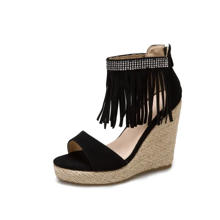 Women's Rhinestone Ankle Strap Tassel Woven Wedge Heel Platform Sandals