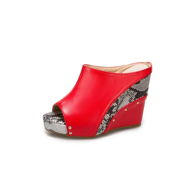 Women's Solid Color Peep Toe Print Rivets Wedge Heel Platform Sandals