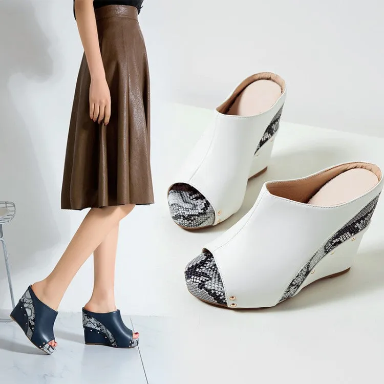 Women's Solid Color Peep Toe Print Rivets Wedge Heel Platform Sandals