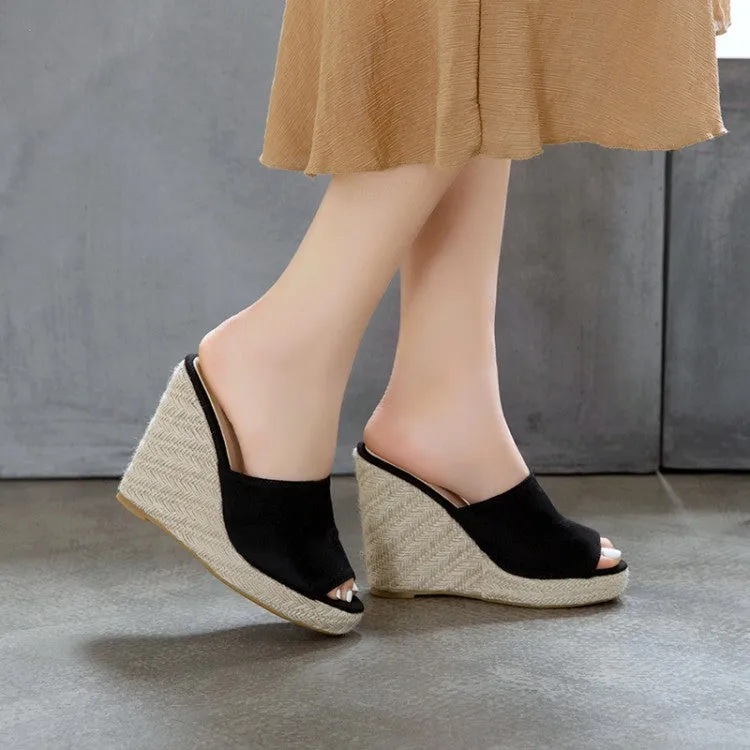 Women's Solid Color Suede Woven Wedge Heel Platform Sandals