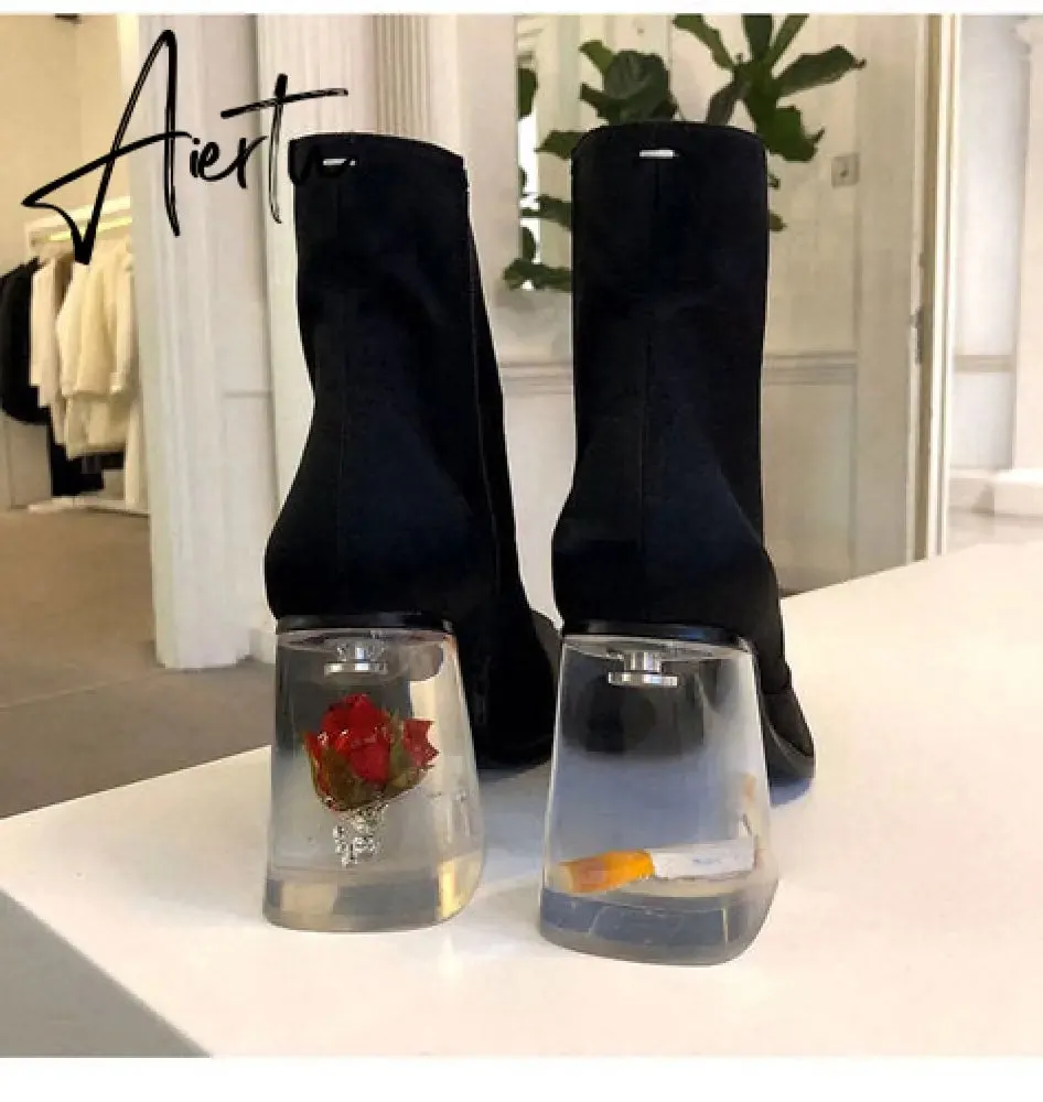 Womens Square Toe Ankle Boots Clear Transparent Crystal Flower Heel Retro Shoes Black Vintage Warm Winter Luxury