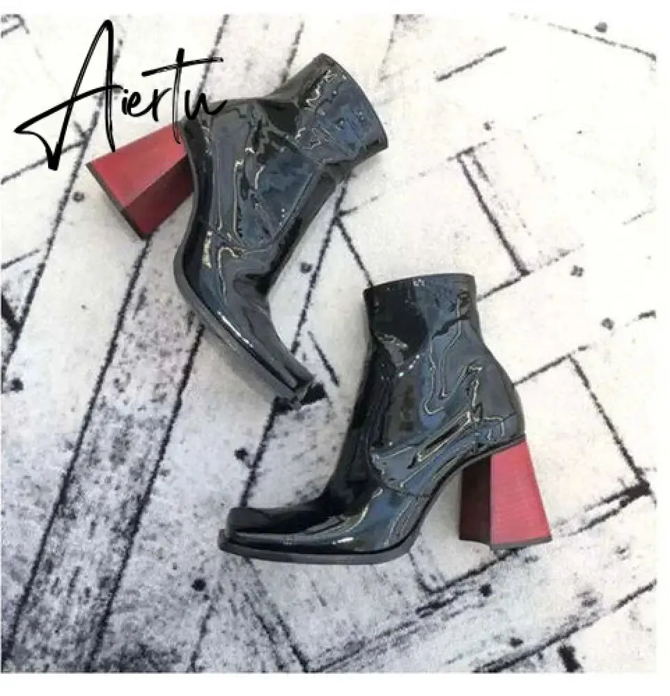 Womens Square Toe Ankle Boots Clear Transparent Crystal Flower Heel Retro Shoes Black Vintage Warm Winter Luxury