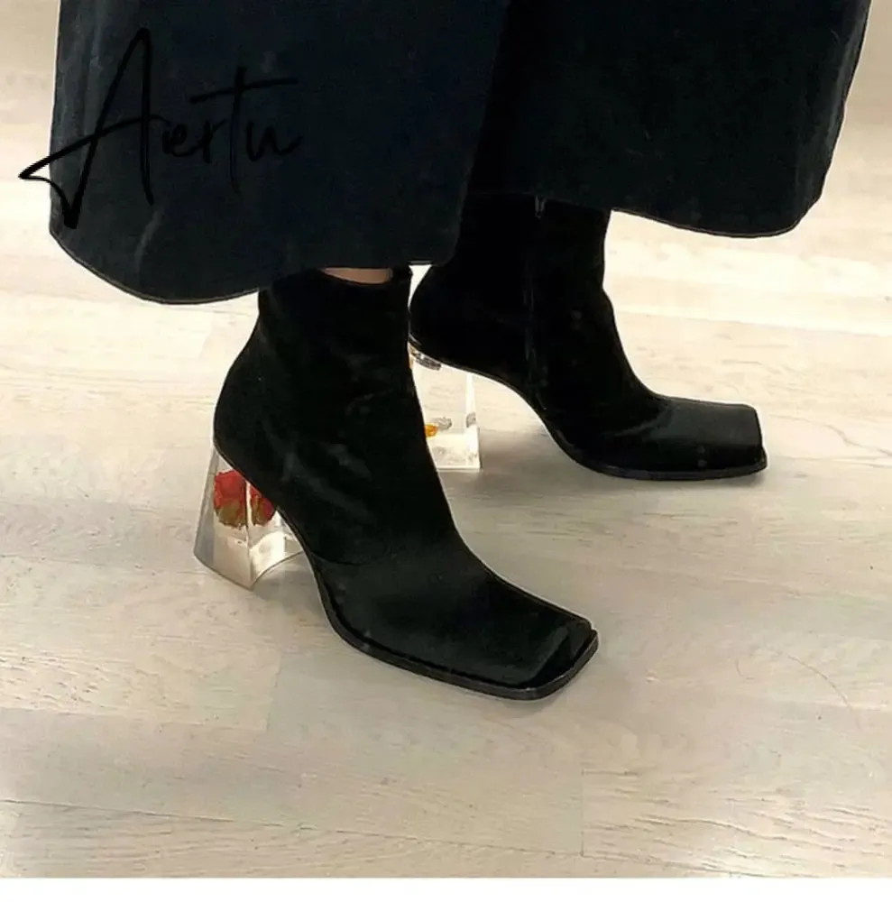 Womens Square Toe Ankle Boots Clear Transparent Crystal Flower Heel Retro Shoes Black Vintage Warm Winter Luxury