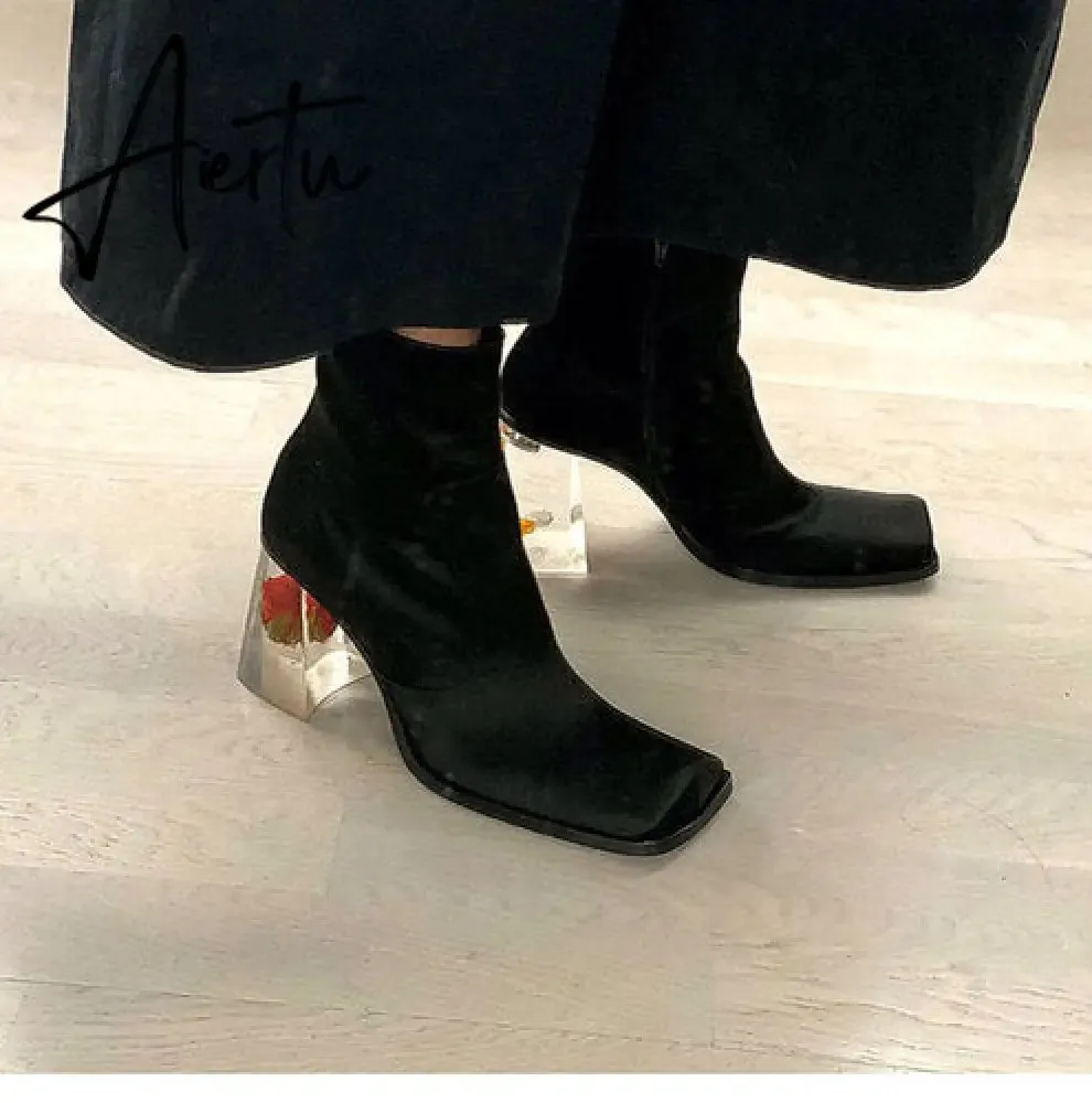 Womens Square Toe Ankle Boots Clear Transparent Crystal Flower Heel Retro Shoes Black Vintage Warm Winter Luxury