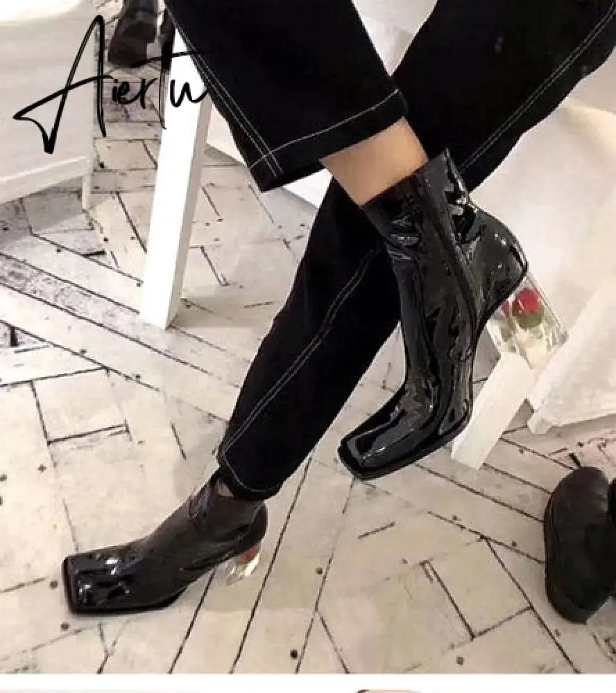 Womens Square Toe Ankle Boots Clear Transparent Crystal Flower Heel Retro Shoes Black Vintage Warm Winter Luxury